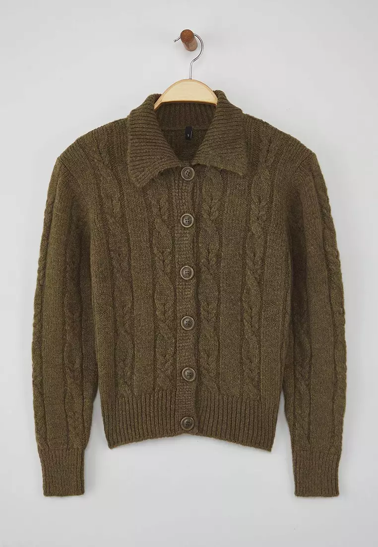 Khaki Hair Knitted Soft Textured Knitwear Cardigan Twoaw26Hi00230
