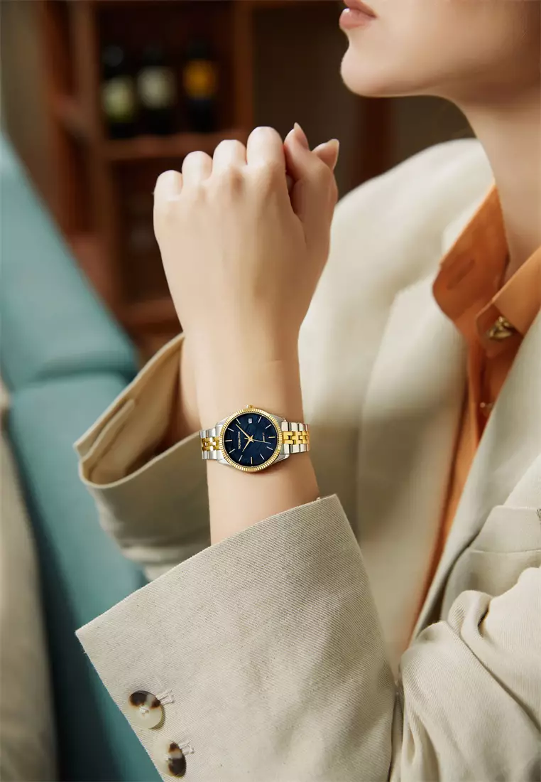 Women's Watch 32mm Round Black River Scallops Dial Stainless Steel Strap Calendar Function Rose Mary- Black