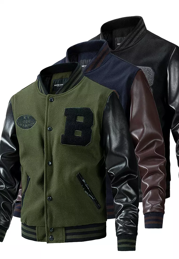 Kalanman Mens Fashion Splicing Leather Sleeve Letterman Jacket