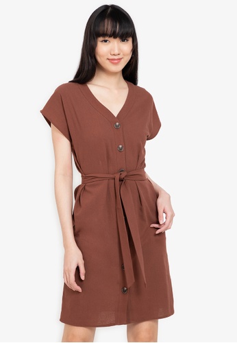 ZALORA BASICS brown Drop Shoulder Button Down Dress With Tie AD7D4AA14B084FGS_1