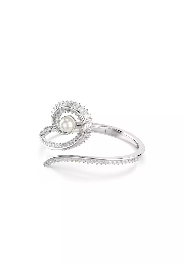Ariana Grande x Swarovski bangle, Crystal pearl, Baguette cut, White, Rhodium plated