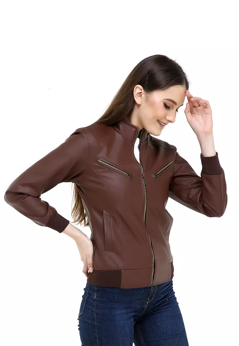 Hardwin Jaket Wanita Casual Longsleeve Jacket Outer Material Kulit Leather ORIGINAL - Brown