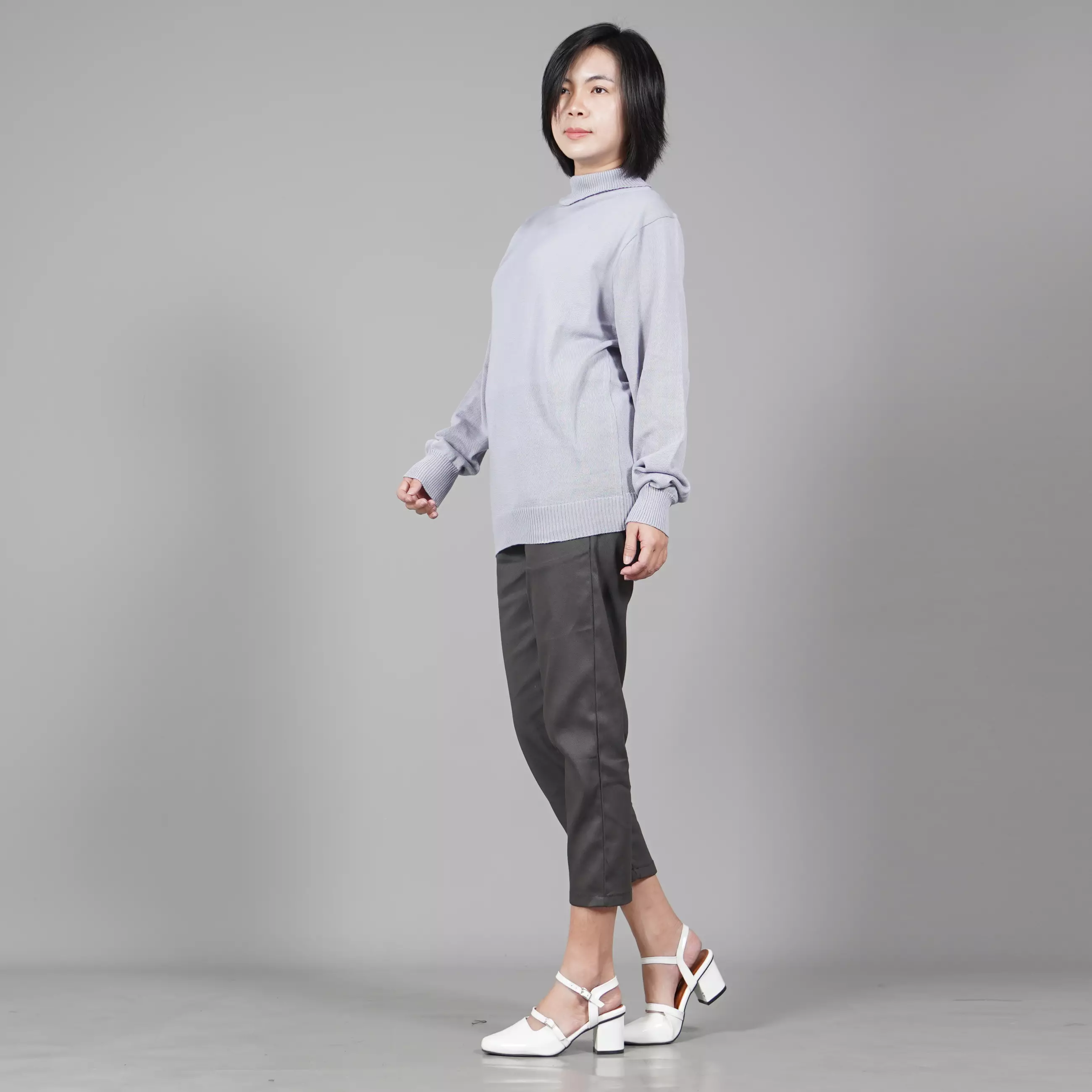  JEHOON High Neck Sweater Rajut Wanita Baju Musim Dingin - ABU MUDA