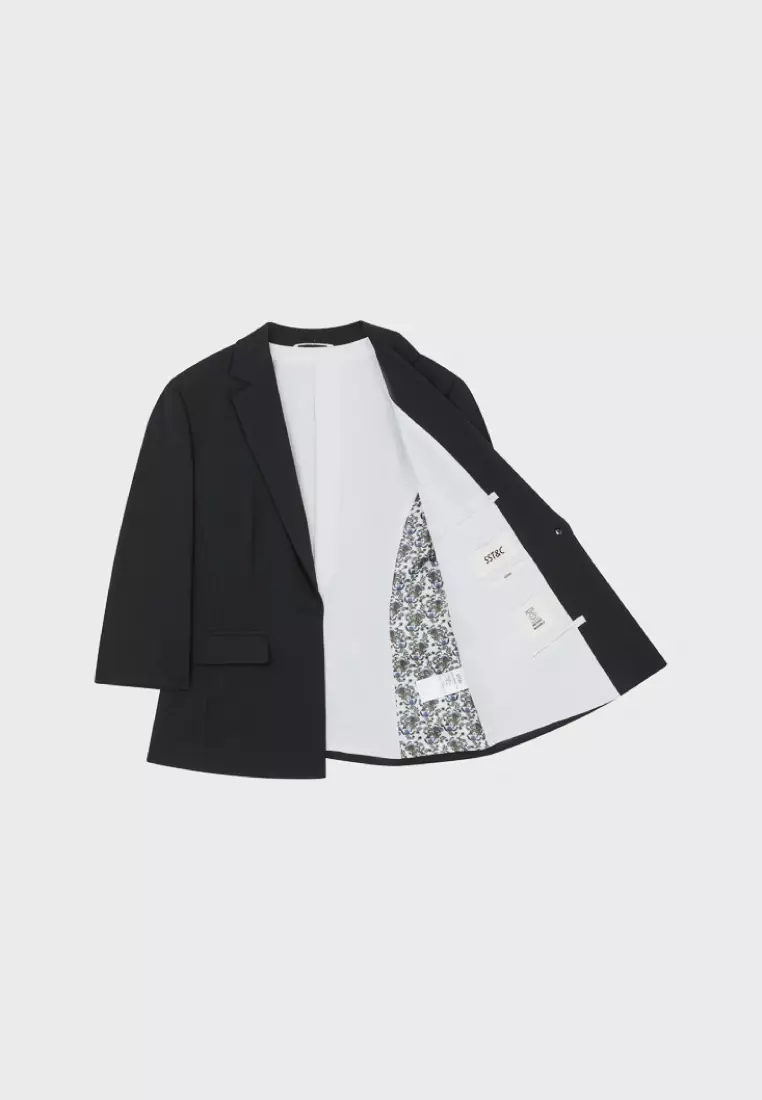 黑色織紋七分袖修身版西裝外套(可機洗)