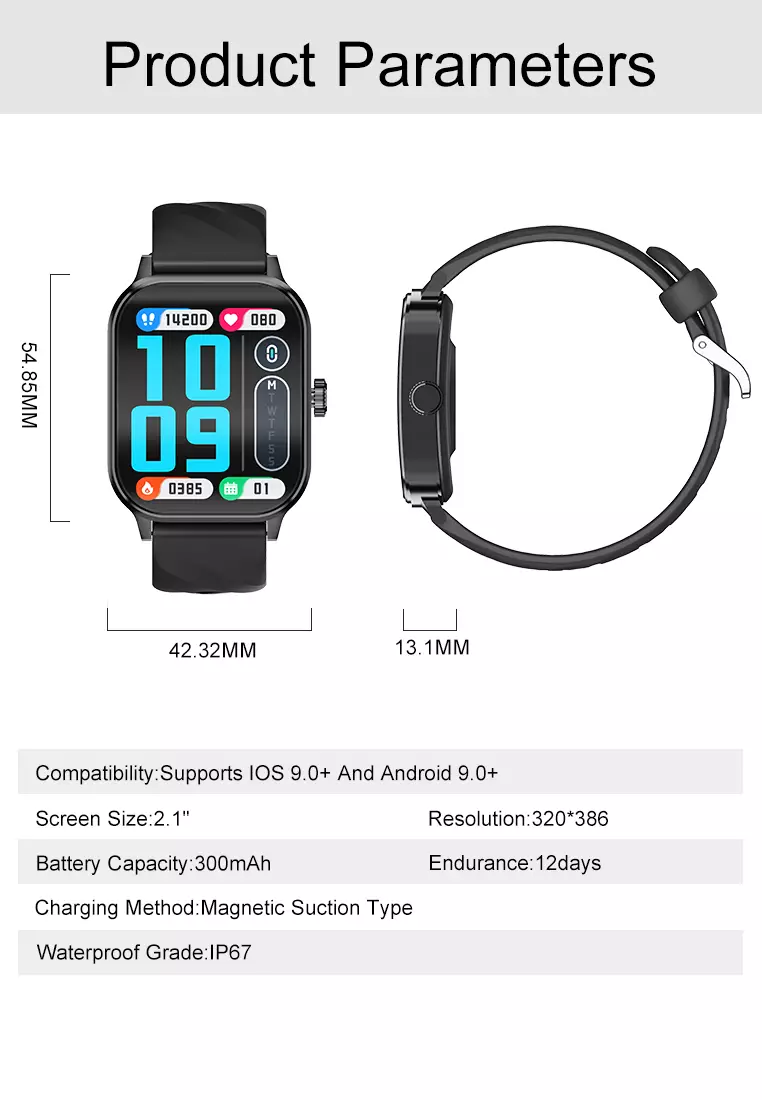 Smart Watch U9 2.1 inch 3D Flexible Surface Bluetooth Calling Temperature Measurement Jam Pintar Black