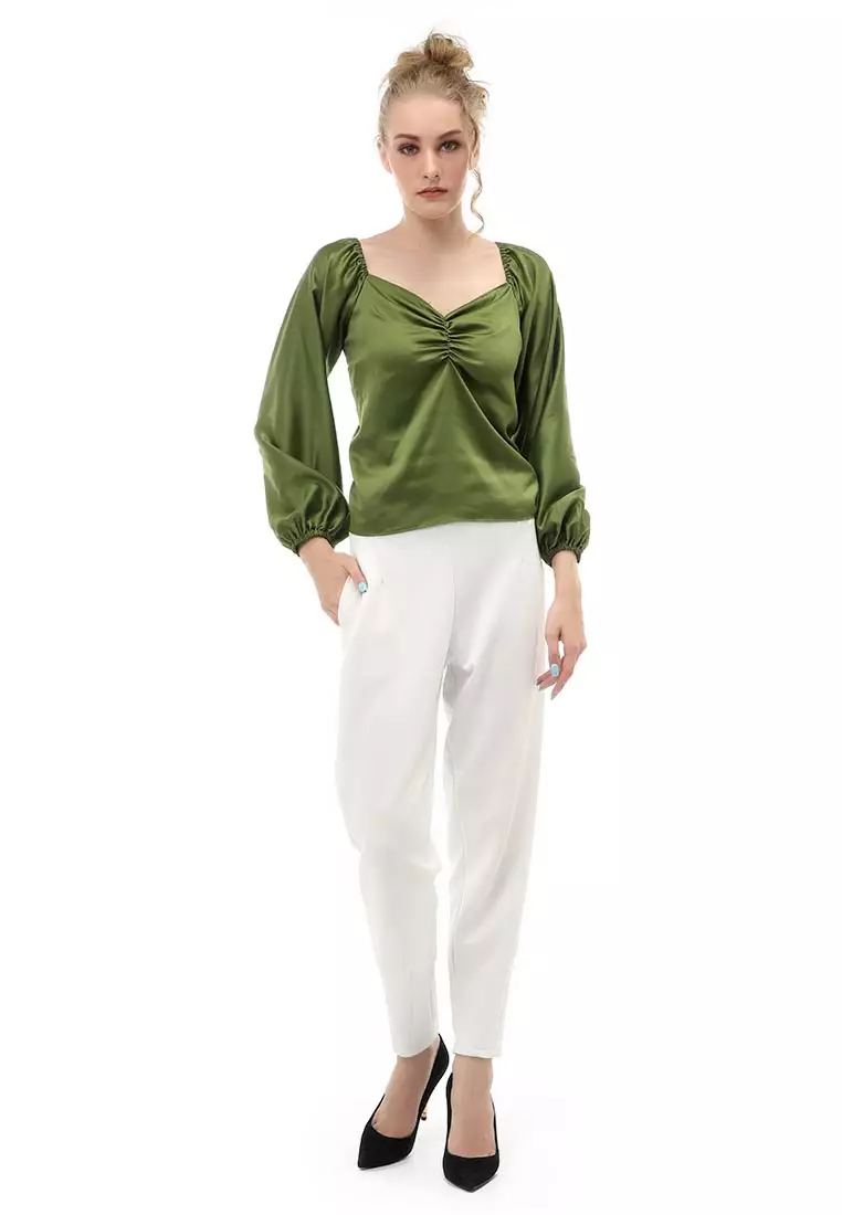 Cheva Blouse Casual Wanita Sabrina Kerut Dada Lengan Panjang Material Satin ORIGINAL - Army Green
