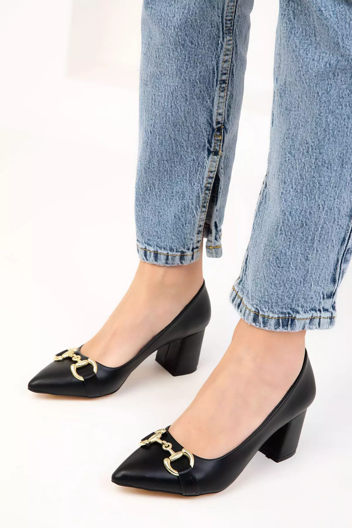 Faux Leather Heels with Accessory Detail