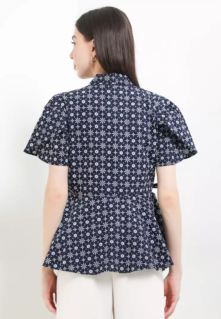 Blouse Atasan Batik Wanita Kutubaru Kiara Truntum Modern Navy Lengan Pendek