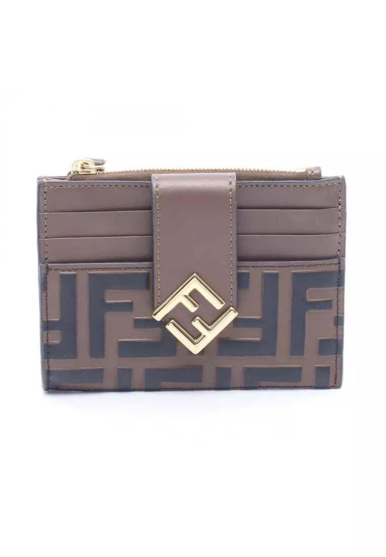 Pre-Loved Fendi FF Diamond card case coin purse leather Brown black