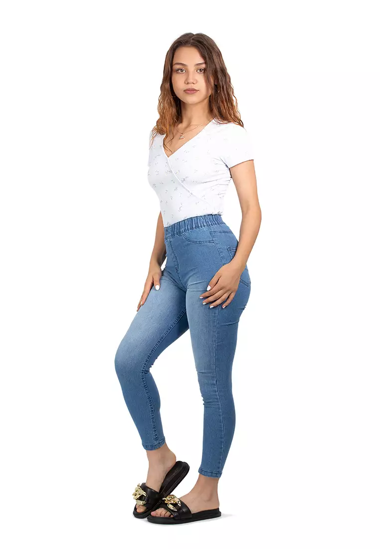 Jegging Denim yang Dicuci dengan Warna Biru Muda