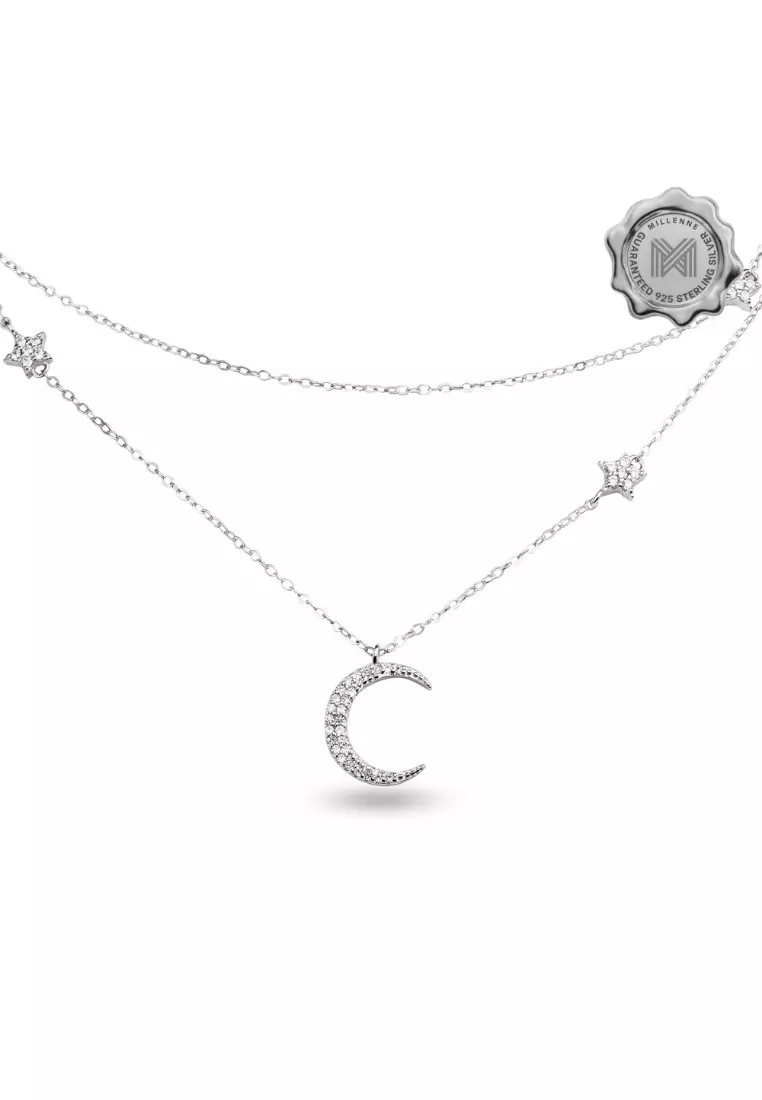 Match The Stars Moon and Stars Cubic Zirconia Rhodium Necklace with 925 Sterling Silver