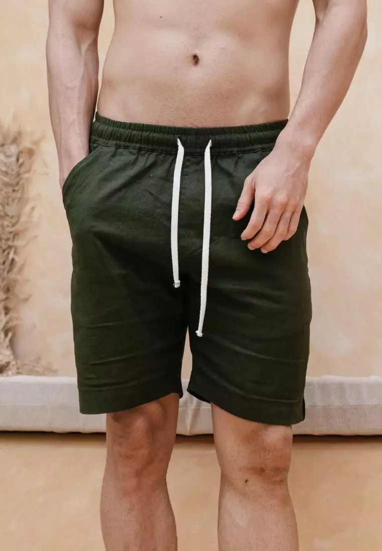 Palm Tree Set Kemeja Celana Linen Pria Hijau Army  | Linen Set Men Army Green