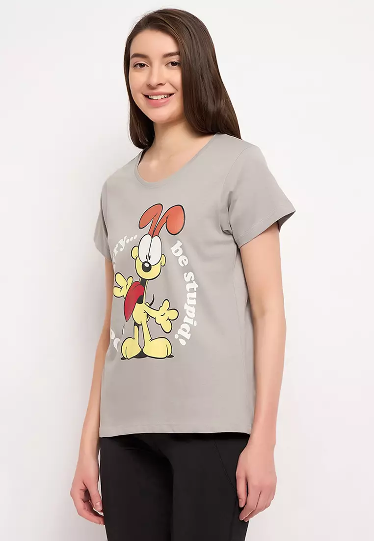 Clovia Garfield Print T-shirt in Light Grey - 100% Cotton