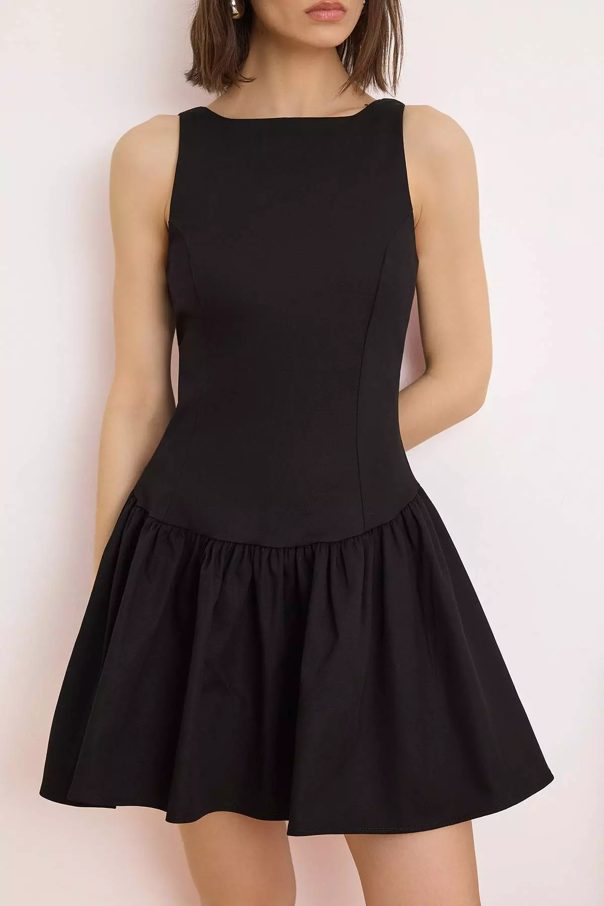 Black Plain Short / Mini Woven Dress Twoss25El865