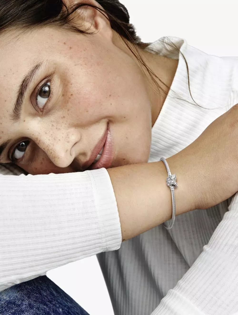 Snake chain sterling silver bracelet with butterfly clasp with clear cubic zirconia