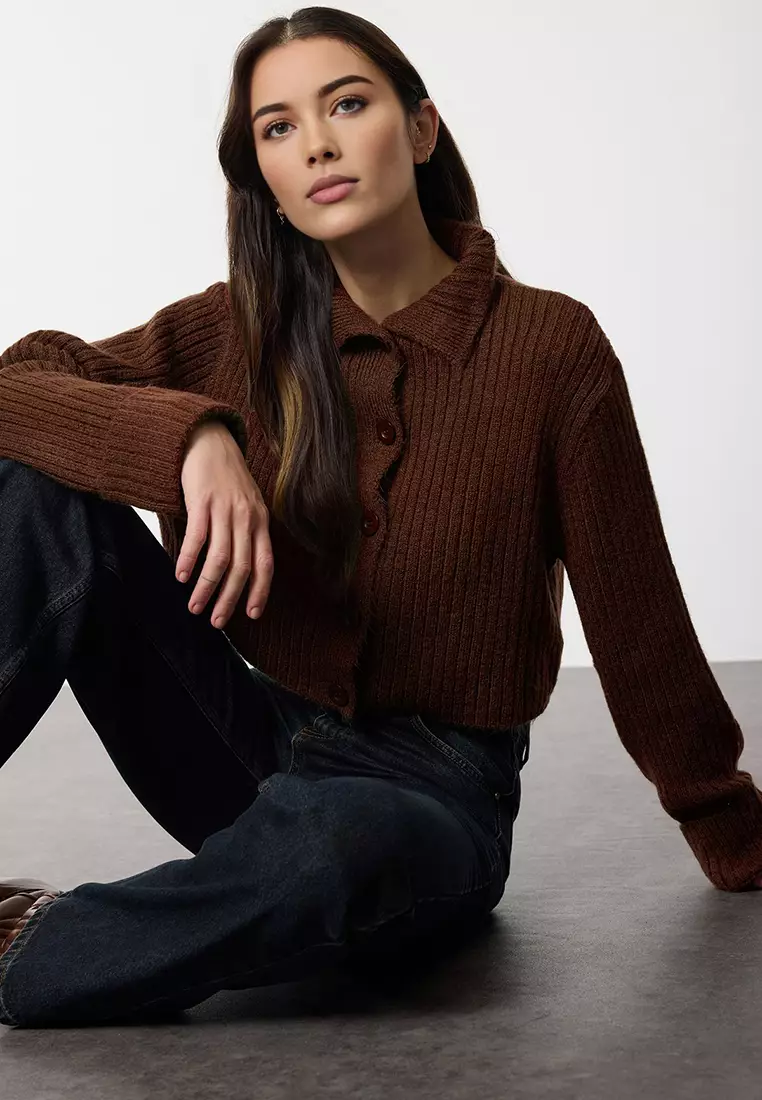 Brown Crop Soft Textured Stand Collar Knitwear Cardigan