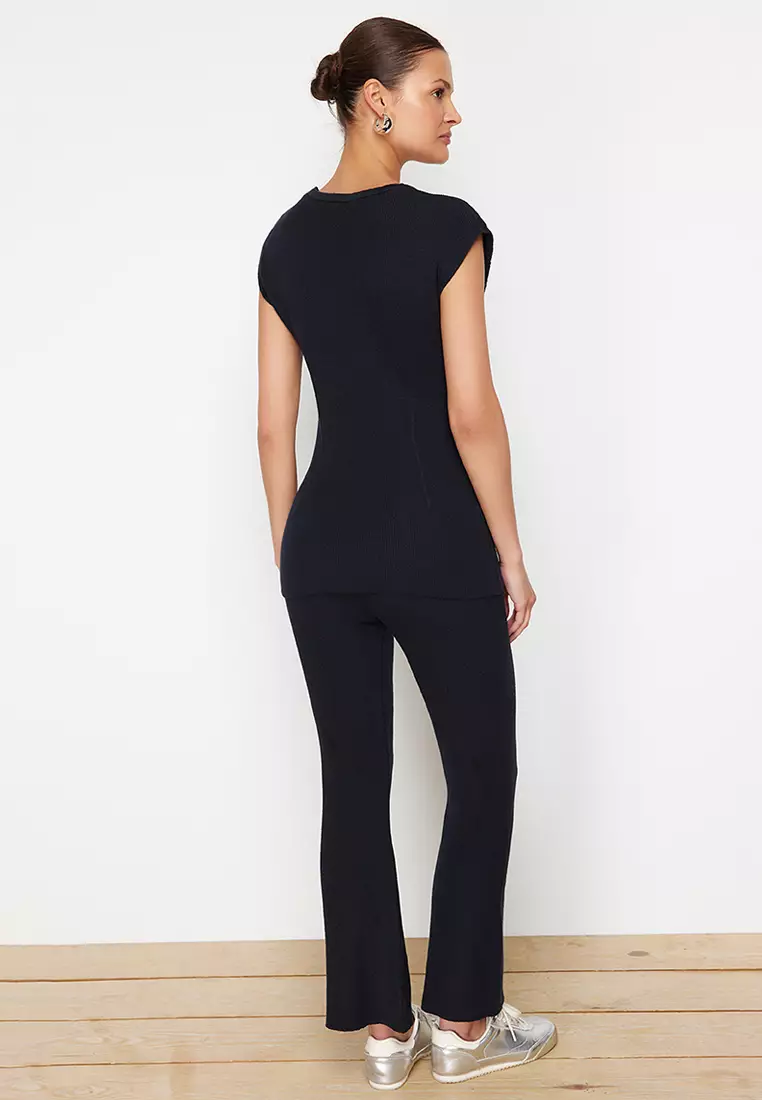 Navy Blue Cotton Thin Blouse Trousers Knitwear Bottom-Top Set TWOSS24AU00115