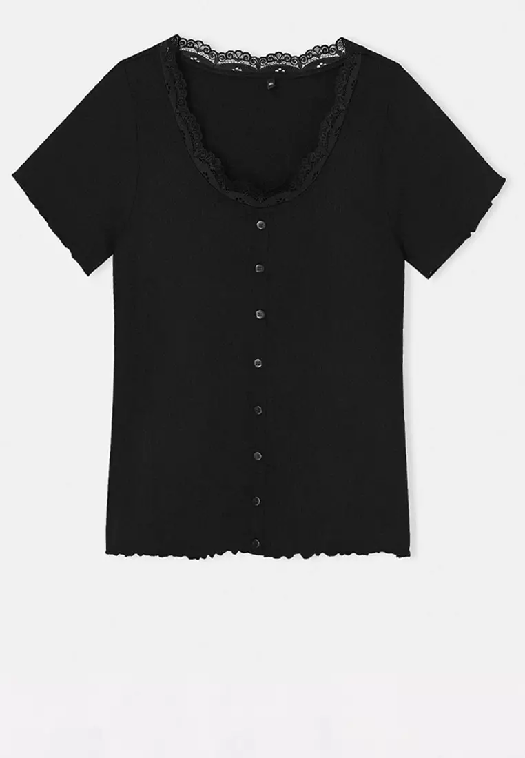 Black Lace Collar Detailed Buttoned Knitted Plus Size Blouse Tbbss26Af00138