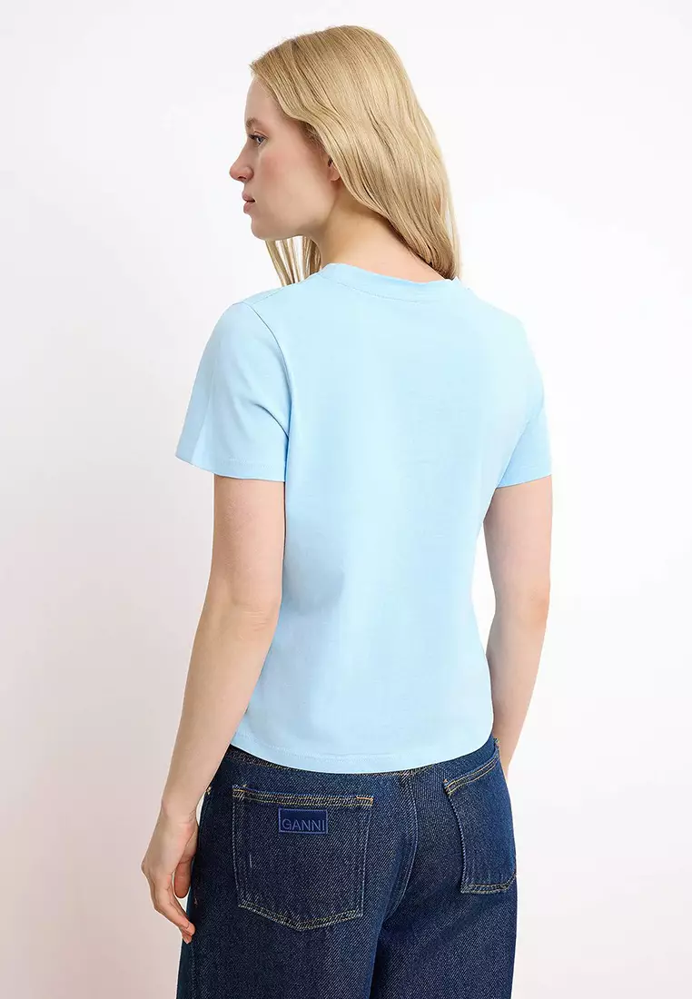 Light/Baby Blue Embroidered Regular Fit Short Sleeve 1% Cotton Knitted T-Shirt Twoss26Ts124