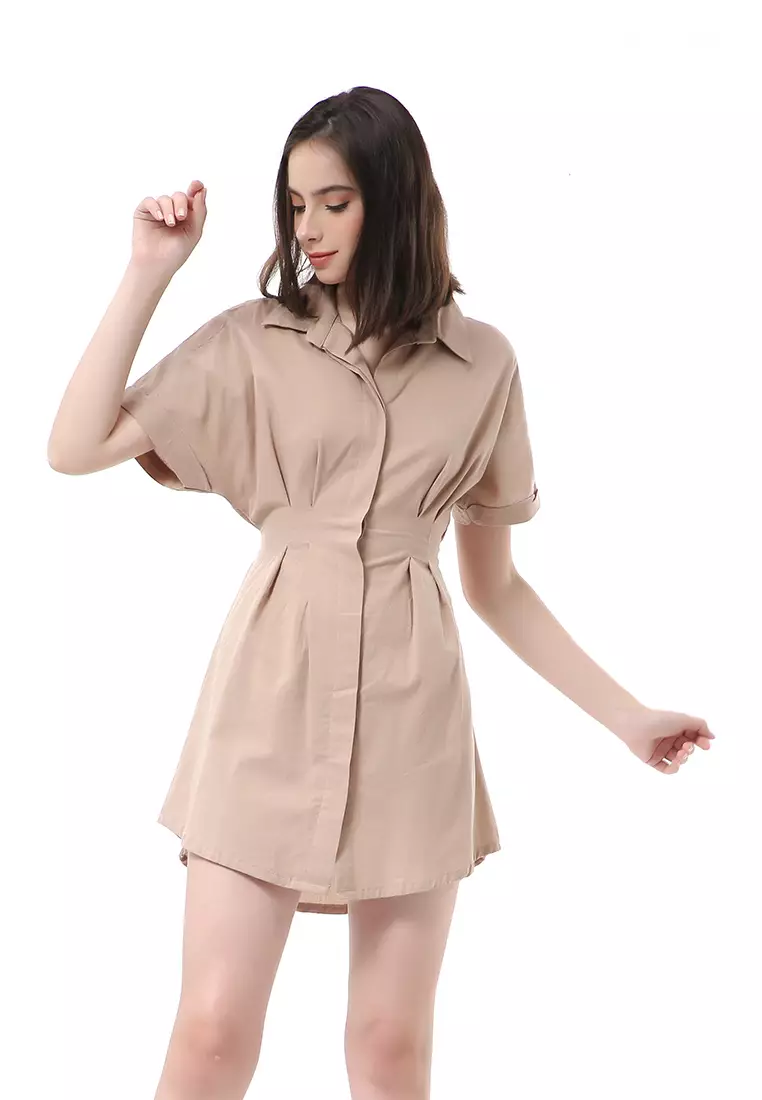 Rachel Dress Wanita Lengan Pendek Model Kemeja Plain Motive Material Cotton ORIGINAL - Brown