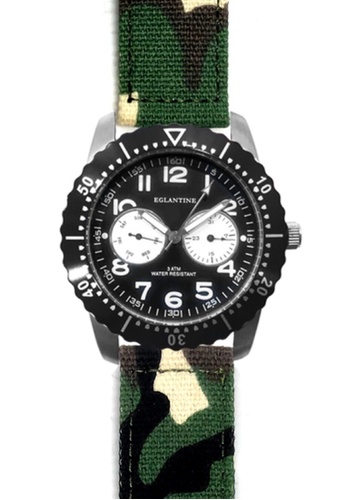 EGLANTINE black and green and silver EGLANTINE® Terrenz Unisex Military Steel Quartz Watch, Black Dial, Camouflage Textile Strap B2B49AC75214A1GS_1