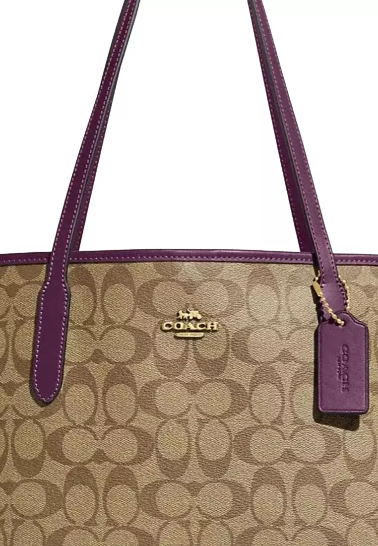 Coach (5696) Signature Coated Canvas Khaki Boysenberry City Tote Shoulder  Bag