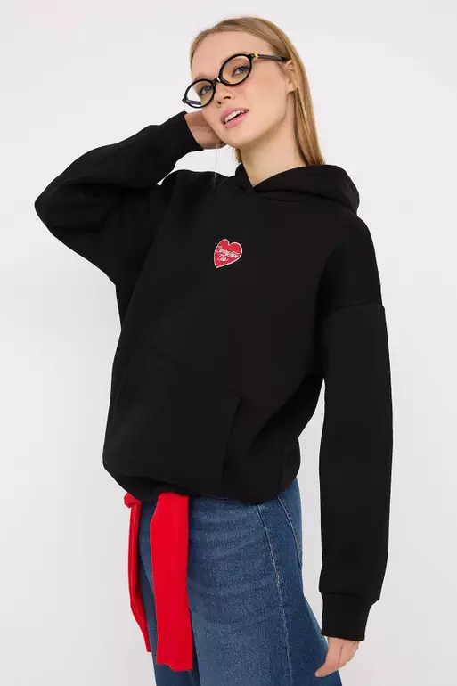 Teen Black Thick Polar Fleece Heart Printed Hooded Oversize Knitted Sweatshirt