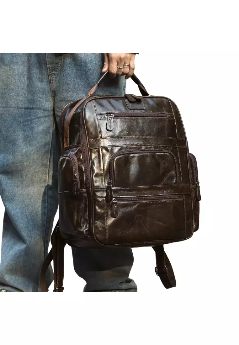 Genuine Leather Backpack For Travel & Daily Use - Vintage Style Laptop Bag, Roll-Top, Brown Full-Grain Leather