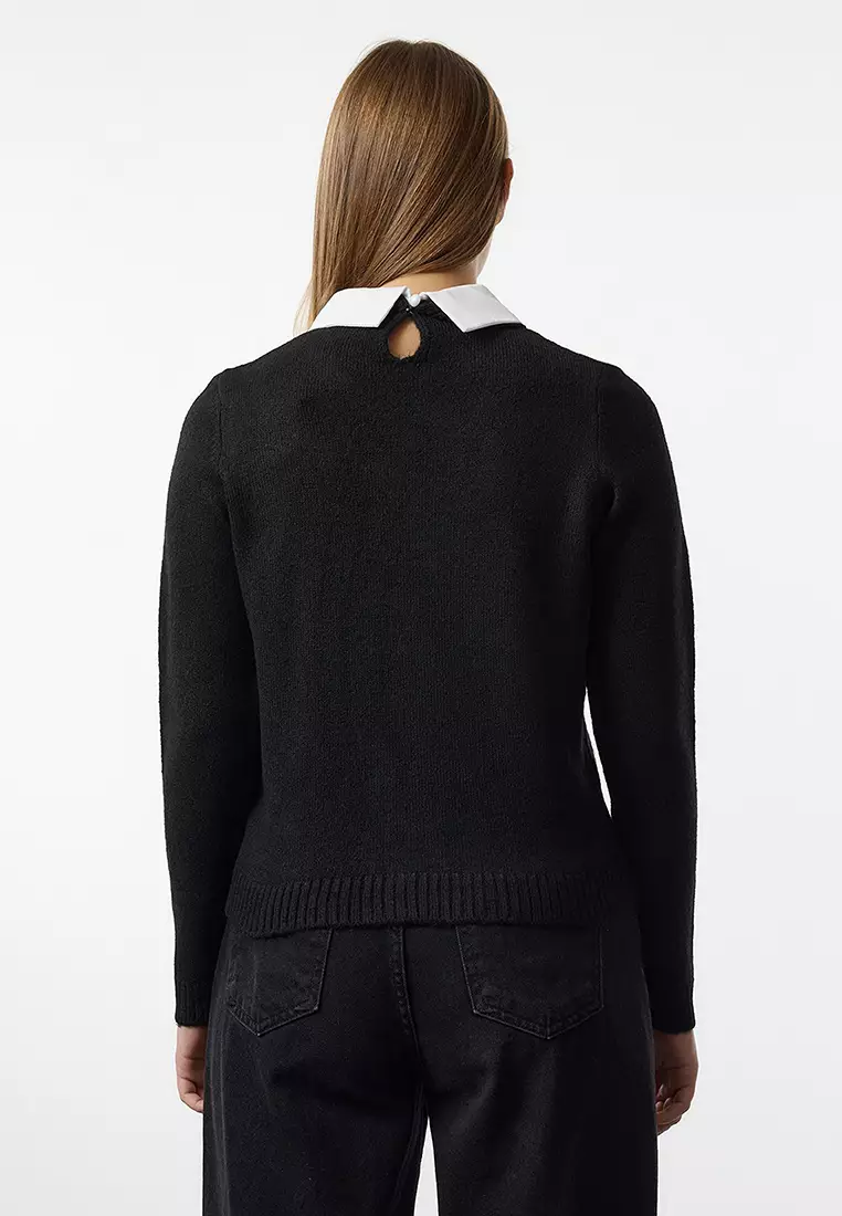 Black Soft Textured Garnished Ribbon/Bow Detailed Stone Knitted Sweater Twoaw25Kz00035