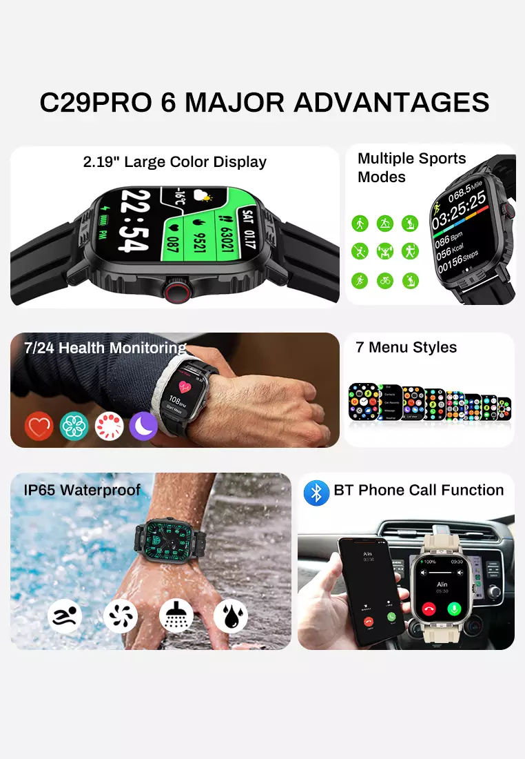 C29Pro New Bluetooth Call Smart Watch Men Waterproof Sport Fitness Tracker Weather Display Man Watch khaki