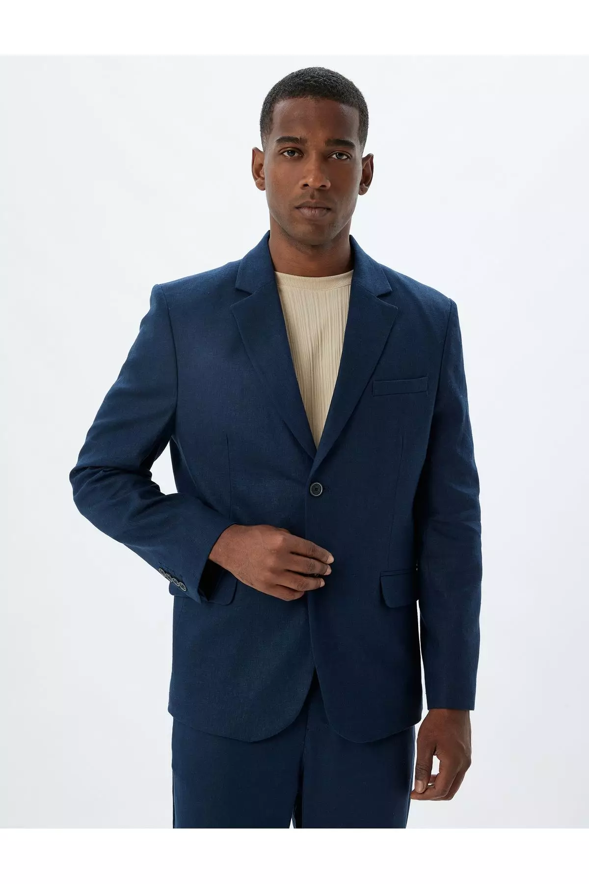 Linen Blend Blazer Jacket Slim Fit Mono Collar