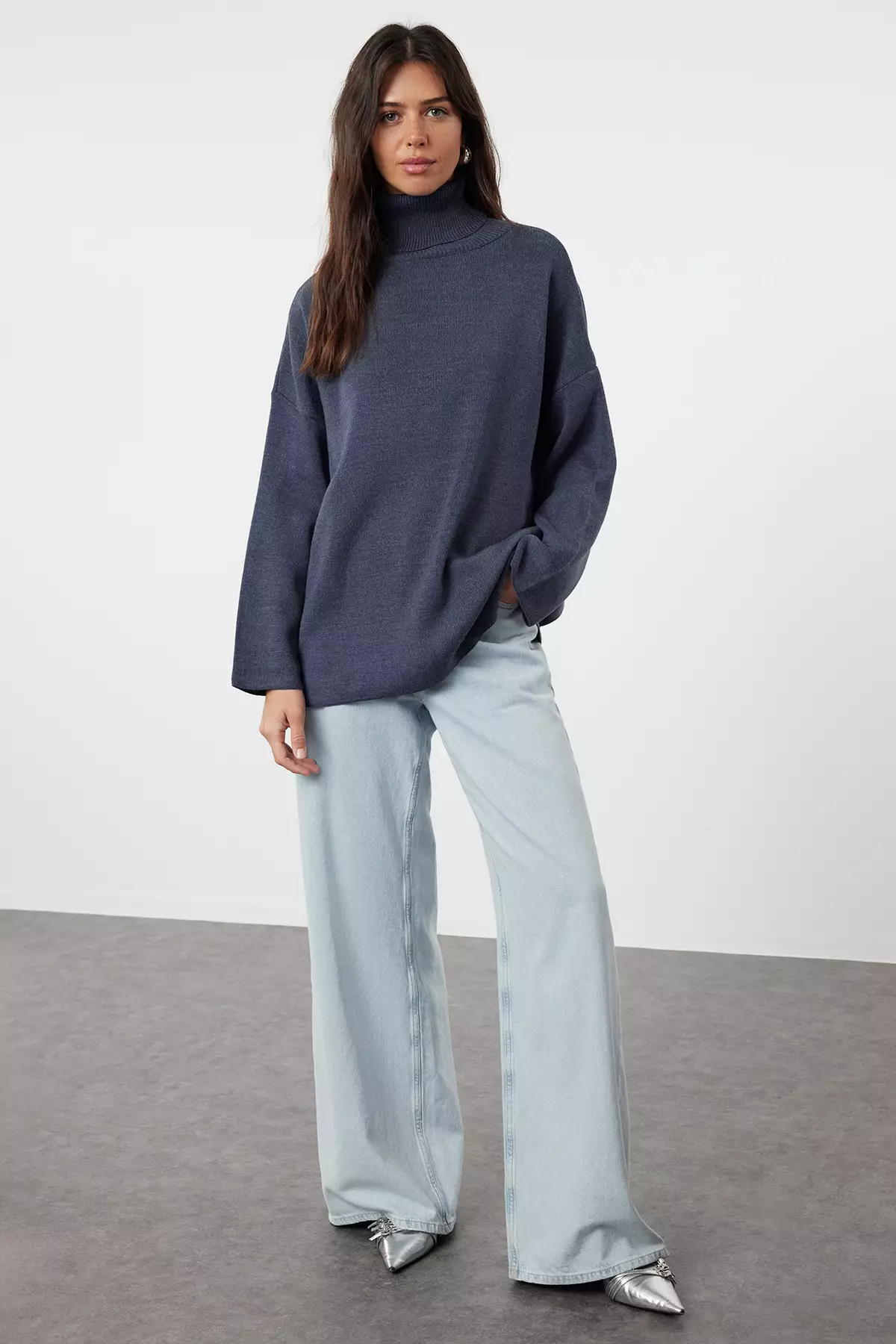 Indigo Wide Pattern Basic Knitwear Sweater