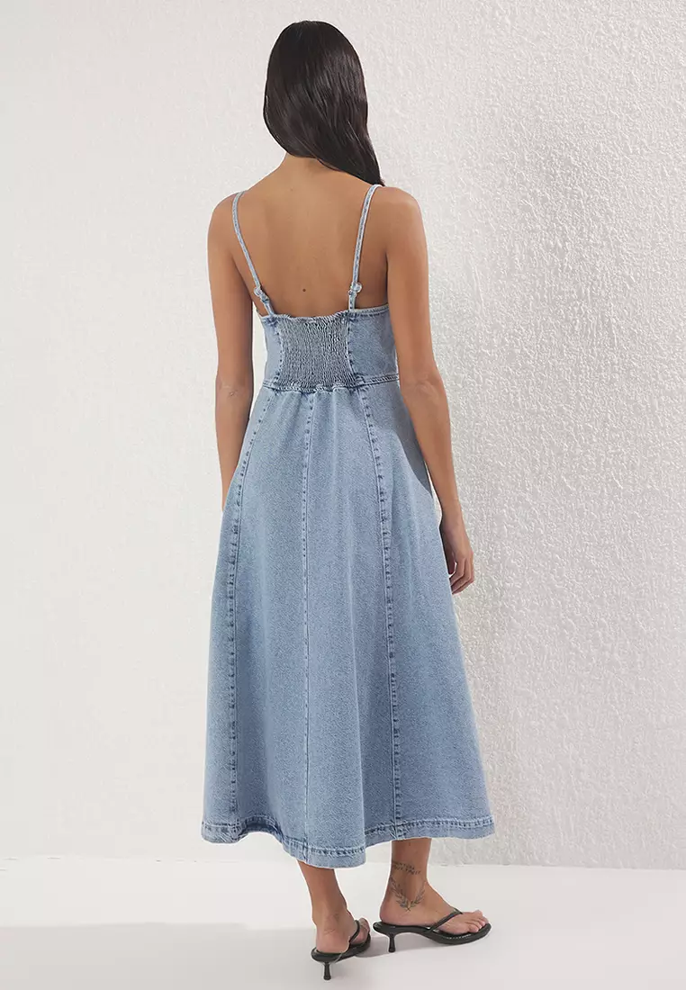 Light Blue V-Neck Strap Midi Denim Dress Twoss25El00737