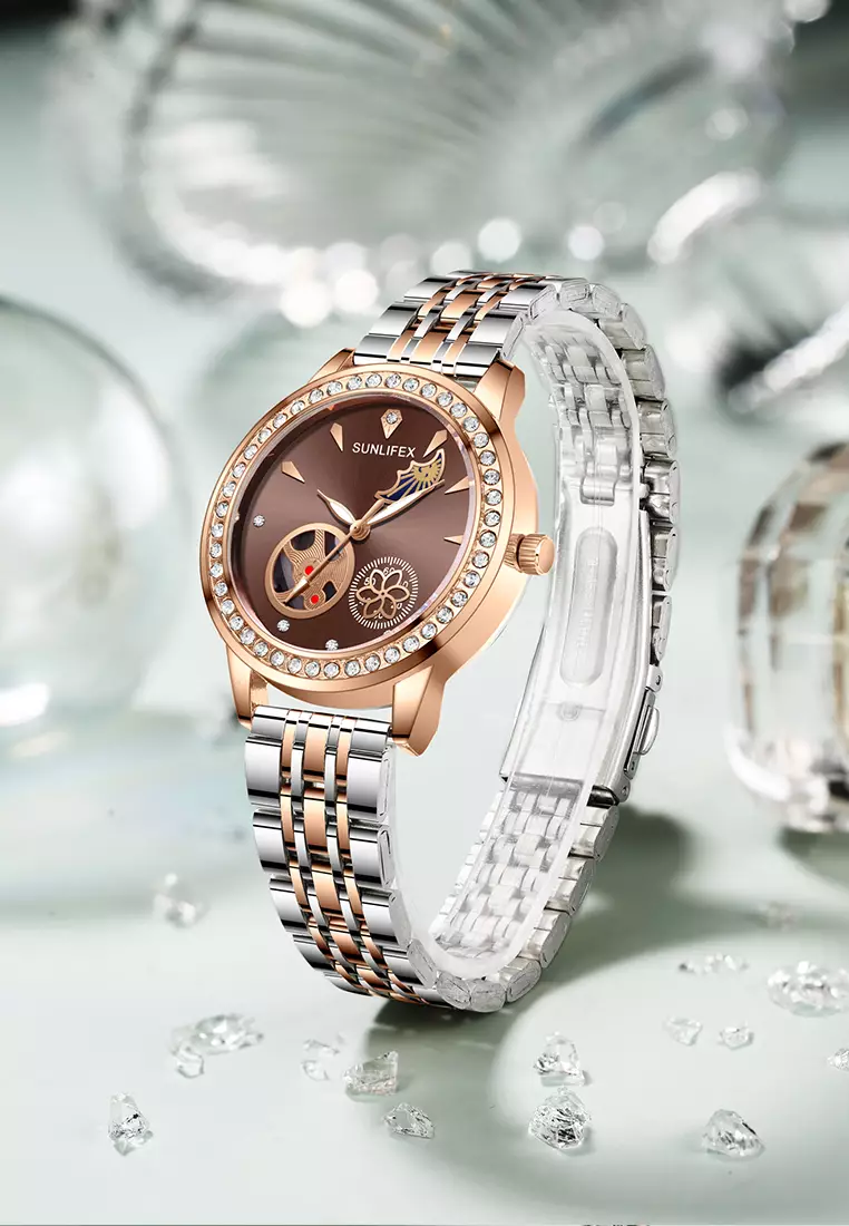 Jam Tangan Wanita E055 Korea Mewah Kuarsa Bercahaya Tali Paduan Jam Tangan Cewek Original brown