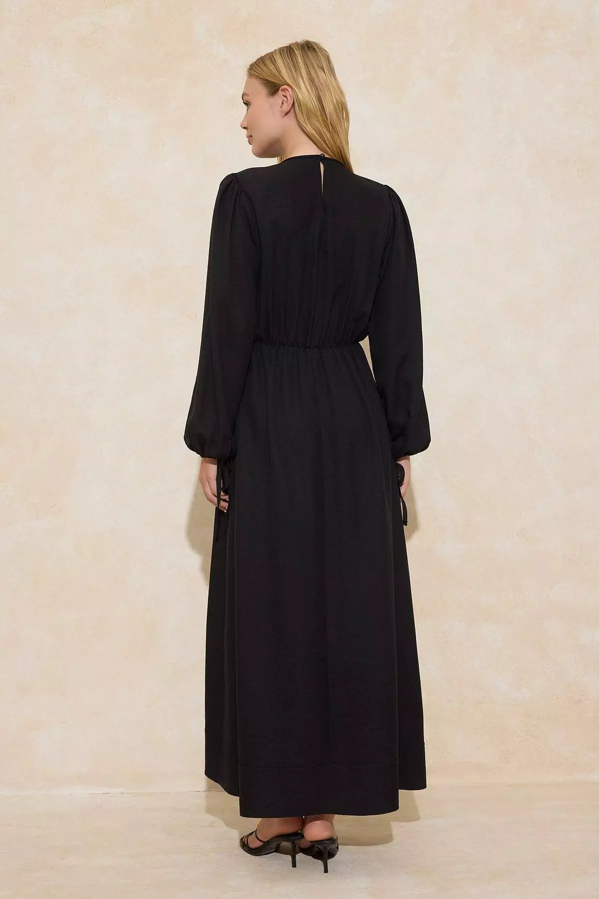 Black Linen Look Elastic Waist Tie-Up Lace-Up Woven Dress Tctss26Eb00009