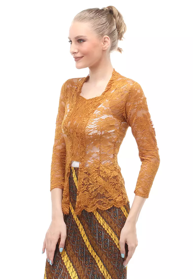 Hara Kebaya Seri 1 Motif Brokat Long Sleeves Atasan Wanita Transparan Premium Quality - Tembaga
