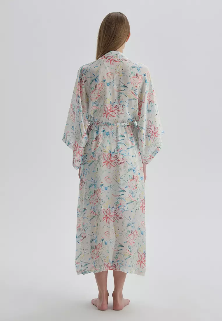 Ecru Printed Robe, Floral, Regular Fit, Homewear And Sleepwear for Women
