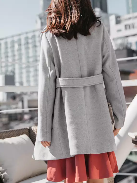 Buy OBSTYLE Solid Color Cinched Ribbon Design Woolen Lapel Overcoat