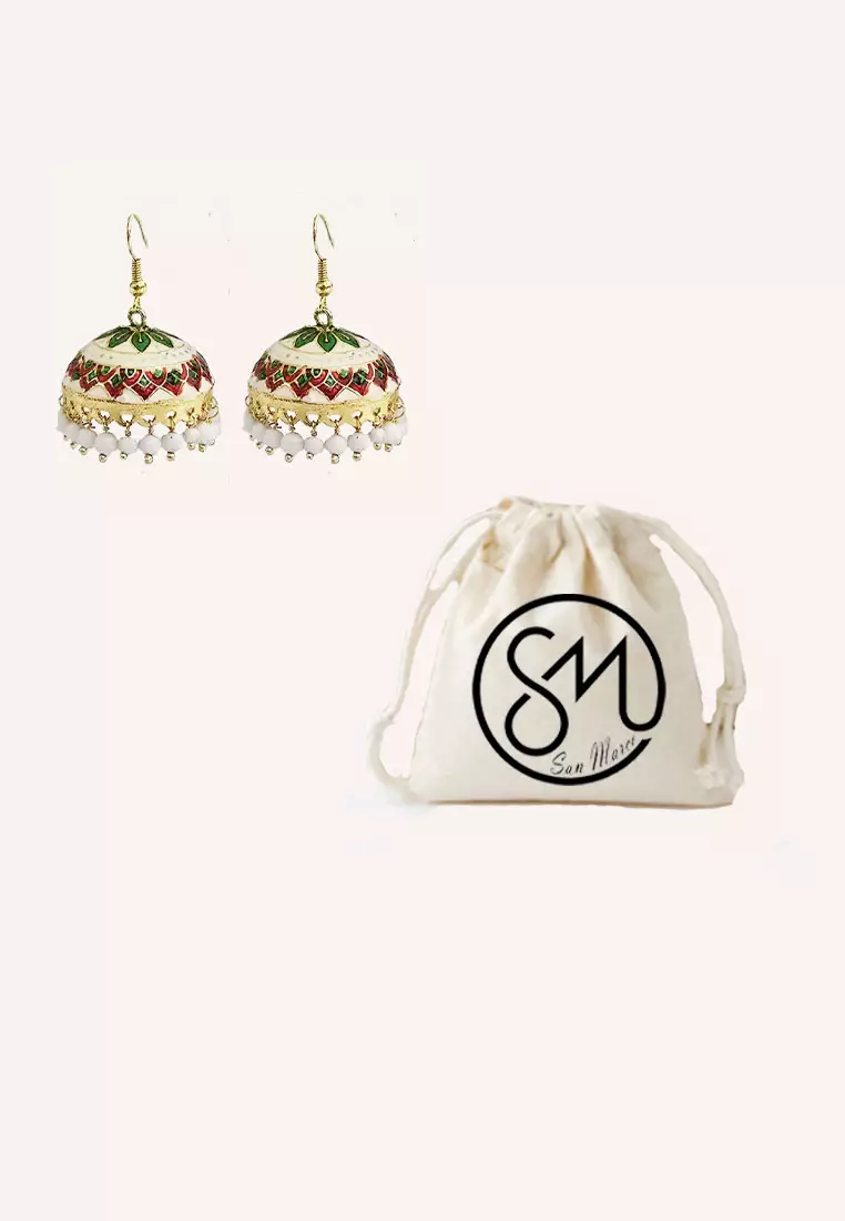 Aksesoris Wanita Lacquer Dome Shaped Jhumka Style Beads Trinkets Earring Anting Wanita Red, Green & White