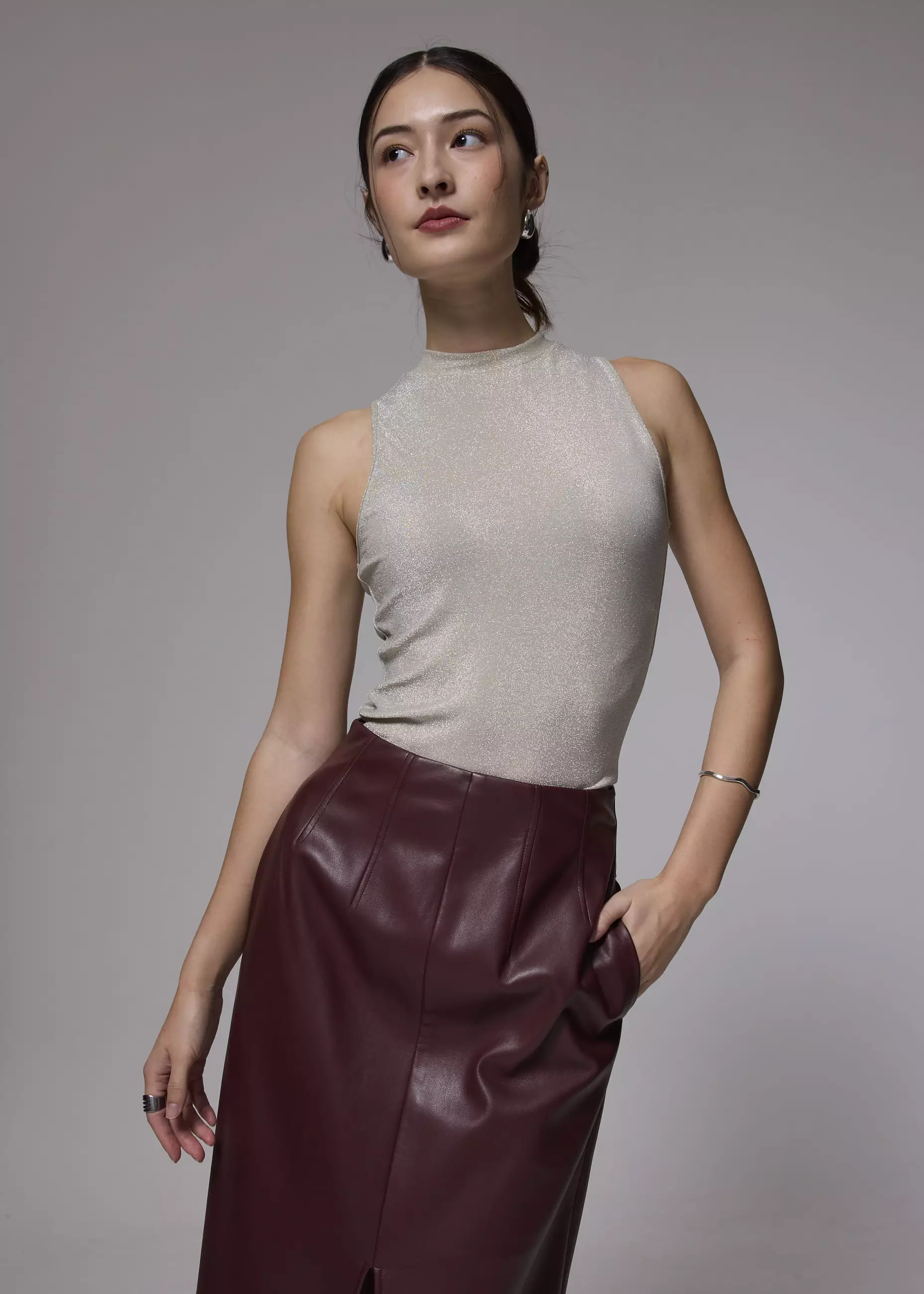 Atasan Wanita - Fitted Jersey Mock Neck Top