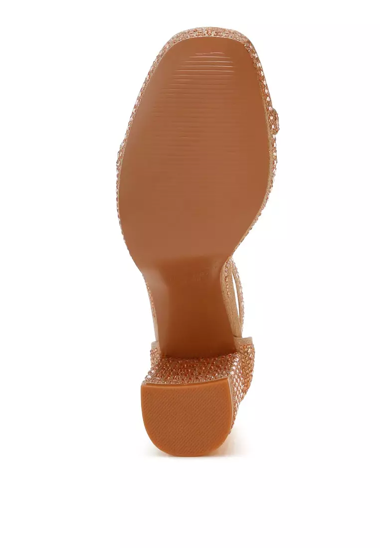 Sandal Blok Berhias Berlian Imitasi Warna Emas