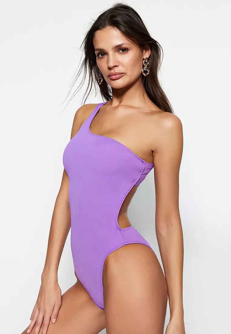 One Shoulder Swimsuits For Women Tie Waist Cutout One Piece Bikini