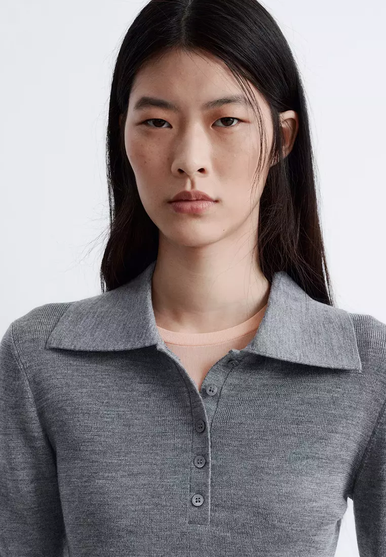 Rib-Knit Merino Wool Polo Top