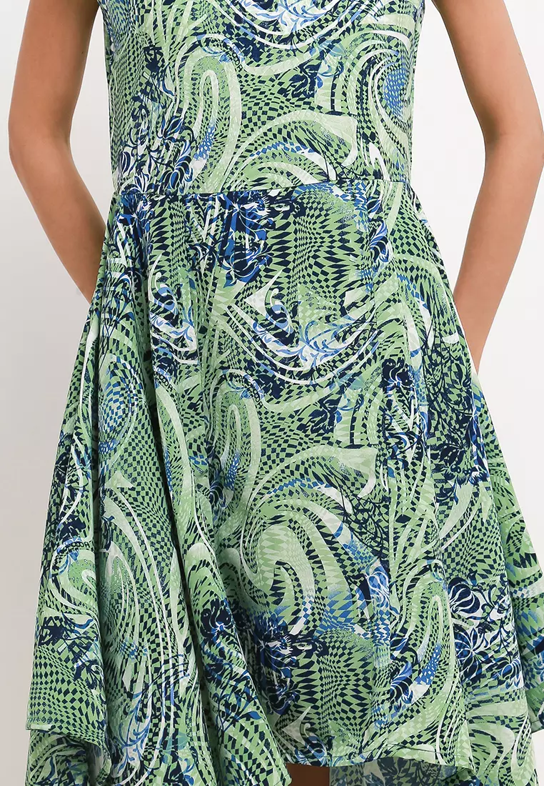 Ardalia Assymetrical Dress In Green Blue Print