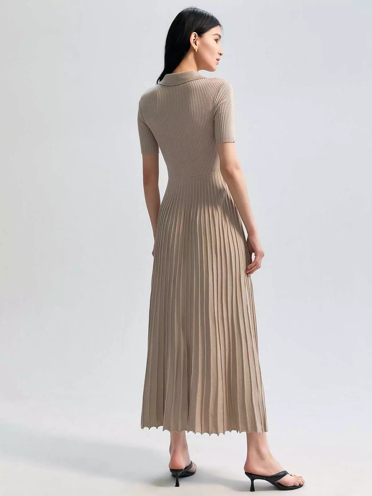 Button Up Pleated Midi Dress - Beige