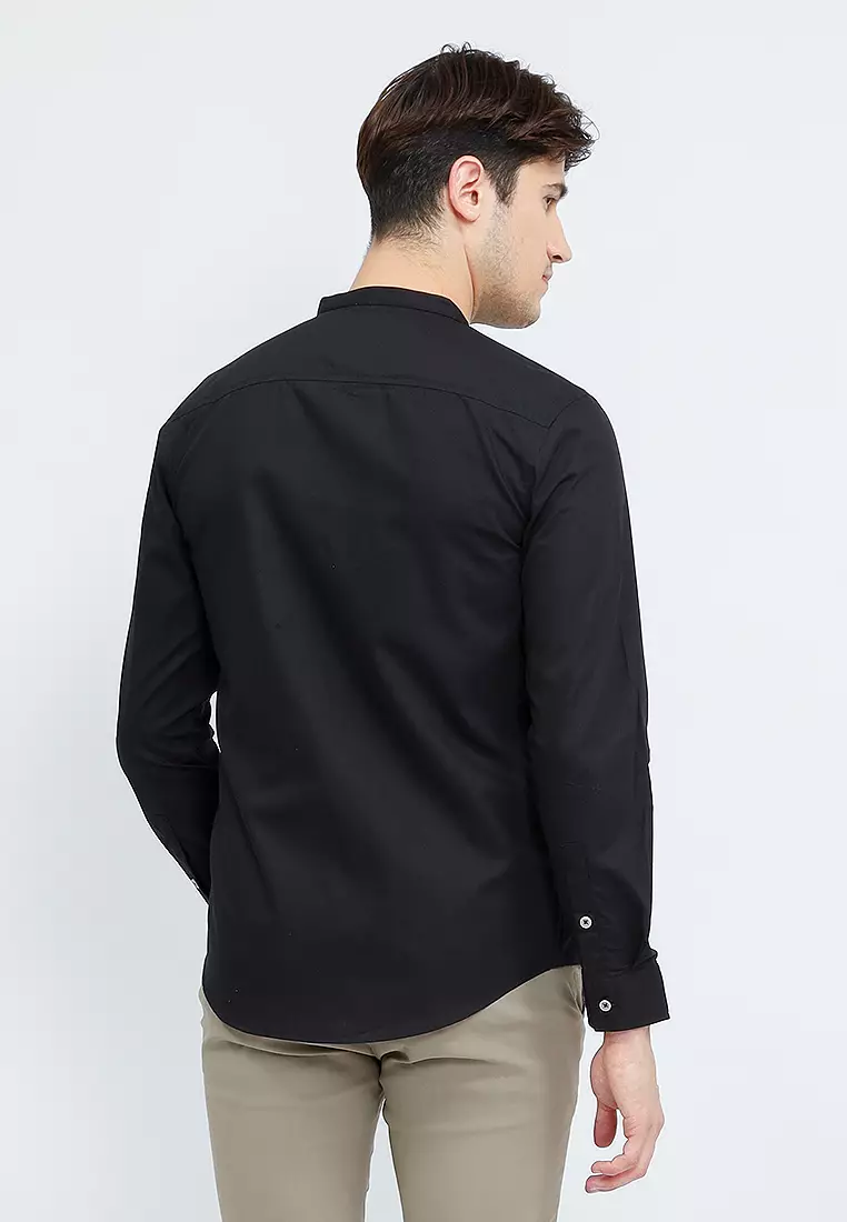 OXCON Kemeja Collarless long sleeve Dual Style Button Black