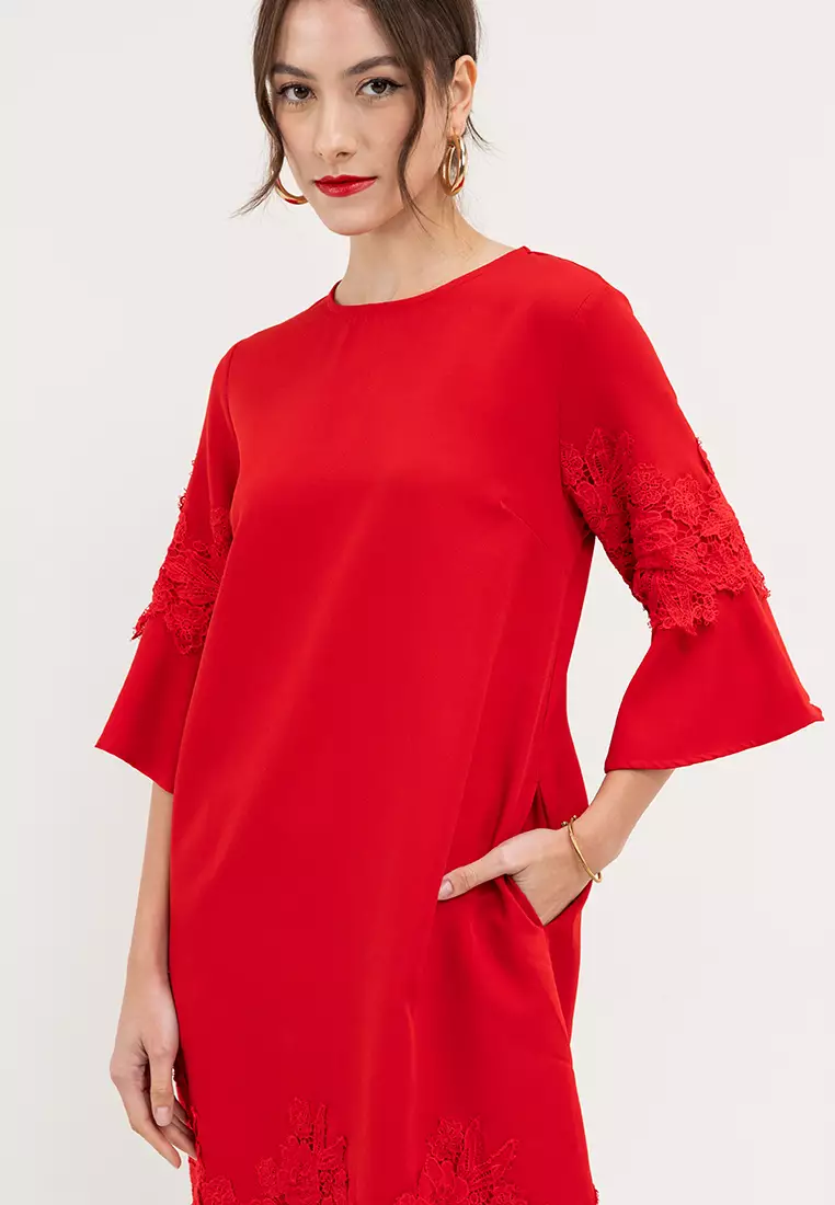 Caran Flounce Sleeves Dress with Lace