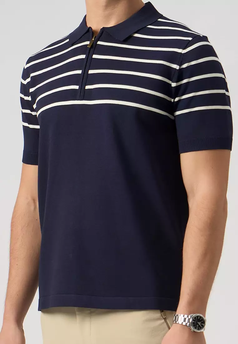 Striped Zip Up Polo Shirt