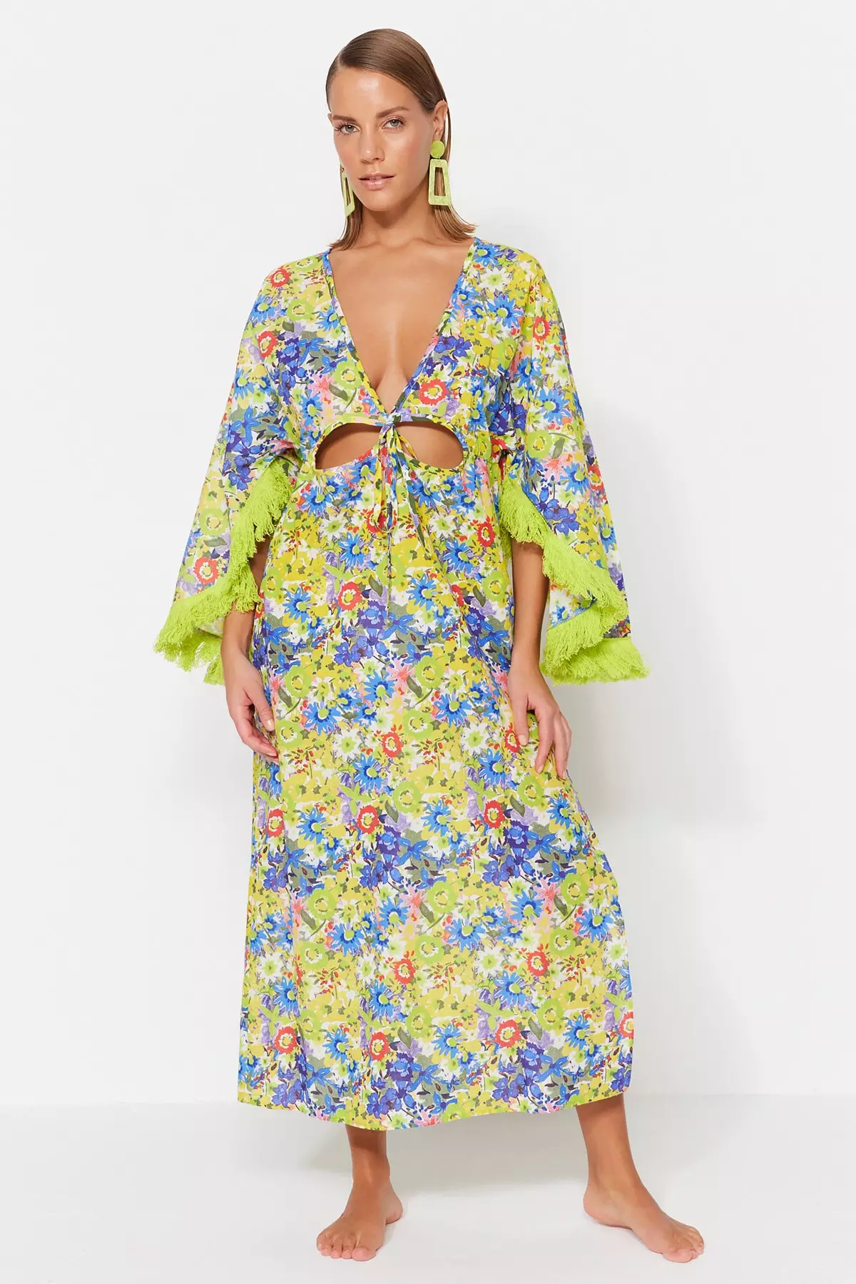 Floral Patterned Wide fit Maxi Woven Tassels 100% Cotton Beach Dress