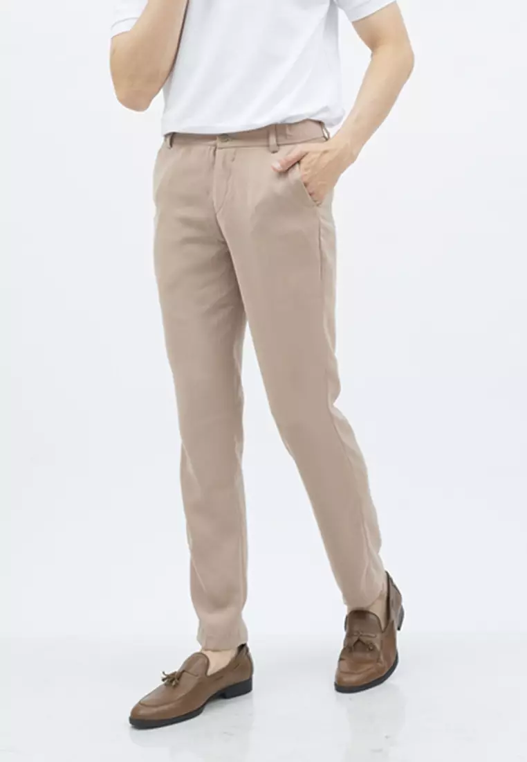 Celana panjang pria kerja formal bahan slim fit PINGGANG KARET krim